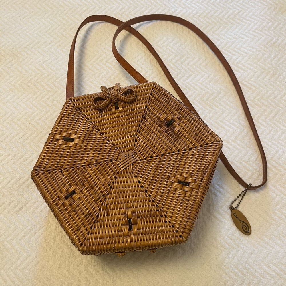 The Winding Road Hexagonal Brown Rattan Crossbody Bag